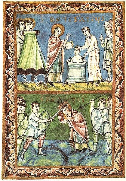 419px-St_Boniface_-_Baptising-Martyrdom_-_Sacramentary_of_Fulda_-_11Century